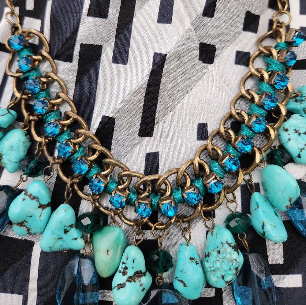 Turquoise & Blue Rhinestone Vintage Necklace